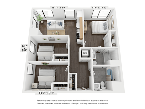 Floor plan for 3 beds, 2 baths, 889 sqft